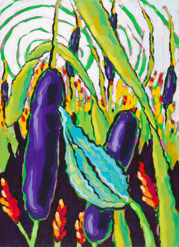 This is a painting of milkweed but the milkweed looks like purple pickles.