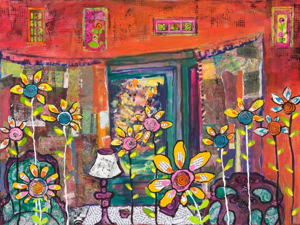 A painting of an orange room with strange and fanciful flowers.