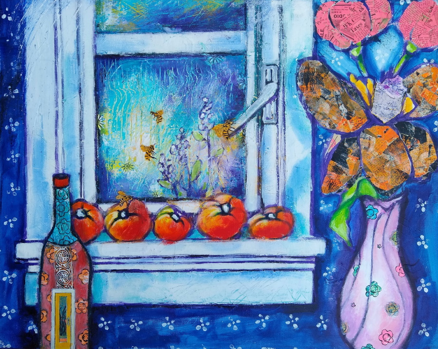 This is a painting of a window with a row of tomatoes ripening on its sill with bees buzzing about them. A window is in the background.