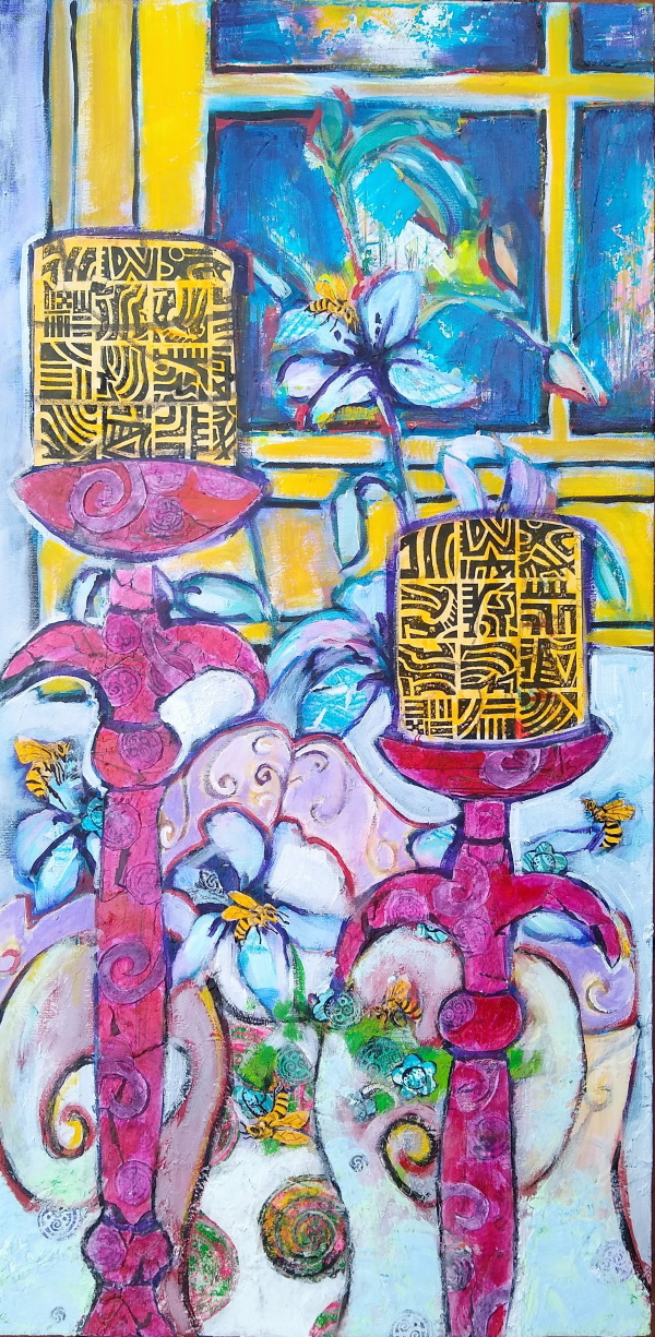 This photo shows a painting of two candlesticks and a windowpane. It also shows flowers with bees buzzing about them.