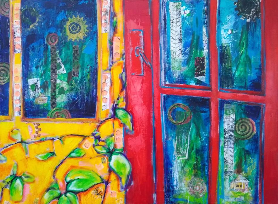 This is a painting of the side of a house. The door wasn’t really red. The house wasn’t yellow. The artist changed the colors to express her feeling about the moment.