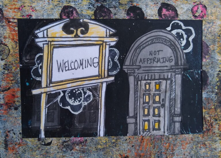 This is a painting of a door to a church. The door says. "Not Affirming." The sign outside the church says, “Welcoming.”
