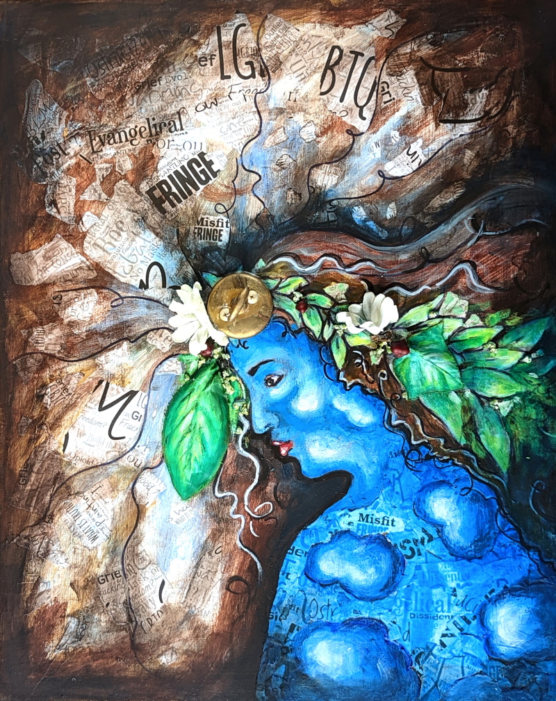 This is a painting of a woman. Her skin is blue and full of clouds. There is a lock in the woman’s head that symbolizes the unlocking of her mind. The lock represents the oppression of others. The woman wears a hand-made wreath of tree leaves, twigs, fruits, and it represents the ways we bind or restrict others.