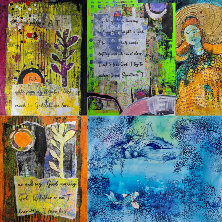 This collage of works for three 2022 ECVA calls includes images for the Sacrament and Image, Everywhere I Look, and Praying the Hours exhibitions.