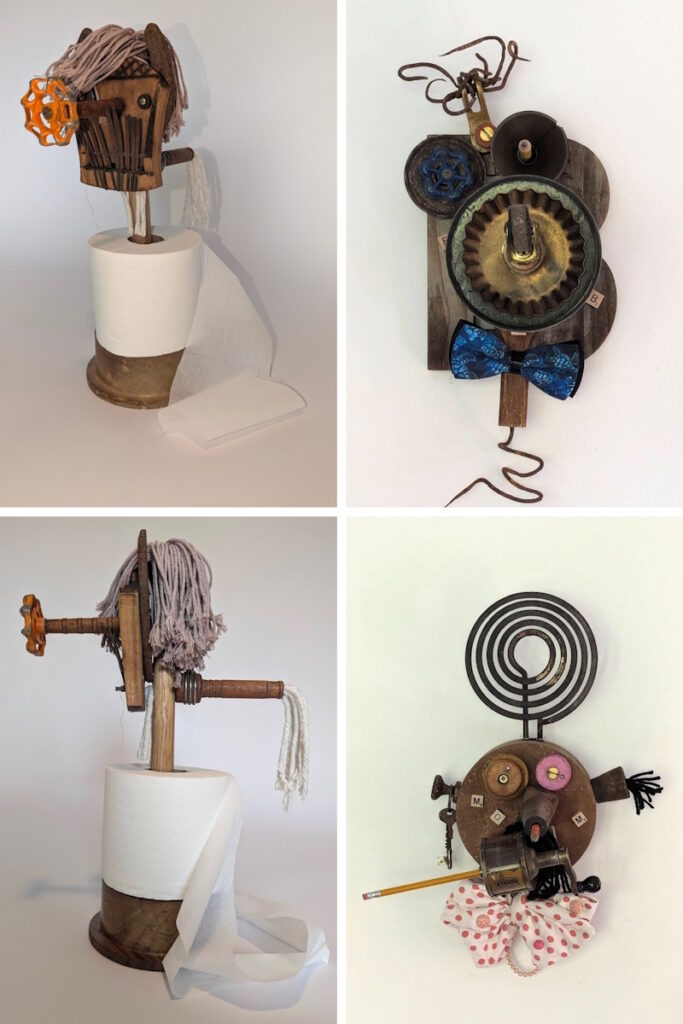 A series of three whimsical assemblage sculptures that blend functionality with humor. Hairy Harry holds a toilet paper roll, Multitasking Mom sharpens a pencil, and Boring Bob holds a writing implement. These pieces invite viewers into a playful world where art and humor coexist, celebrating the unconventional.