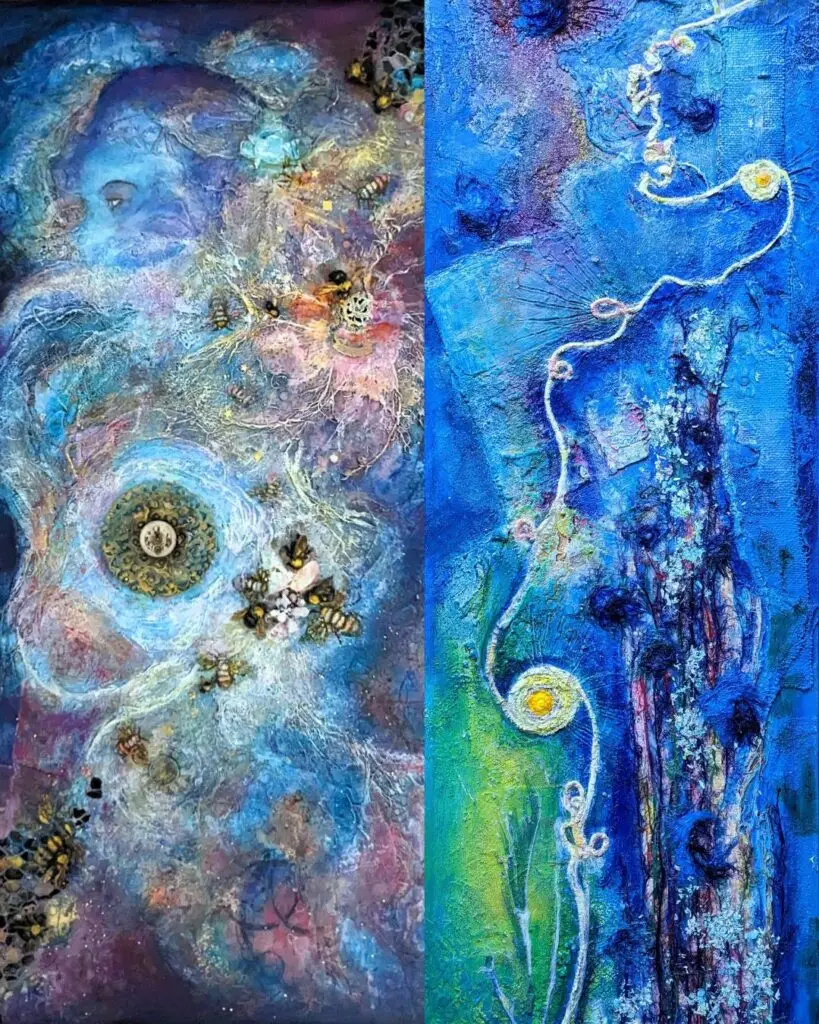 Two mixed-media artworks featuring layered textures and symbolic imagery. Beneath It All reveals hidden depth through earth-toned layers and abstract forms, while Much Needed Signs of Hope and New Life uses brighter colors and organic shapes to suggest renewal, growth, and resilience.