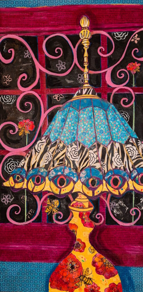 Mixed-media painting and collage of a colorful vintage lamp with patterned shade, surrounded by bees and flowers against a decorative pink and black background.