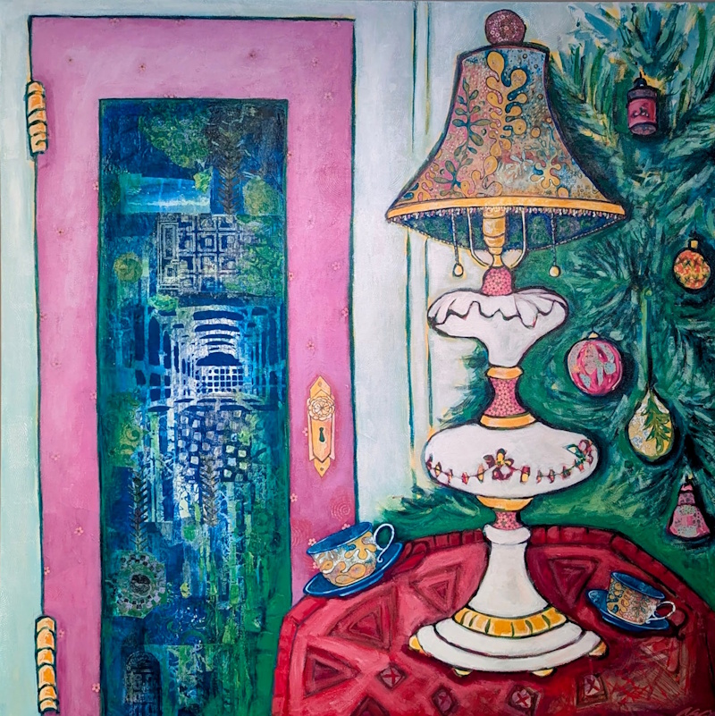 Mixed-media painting and collage “I Like Things a Little Off Kilter” depicting teacups and a lamp in a nostalgic interior scene.