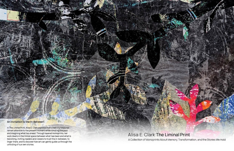 Book cover for The Liminal Print by Alisa E. Clark featuring abstract monoprint collage artwork with black organic shapes and colorful forms.