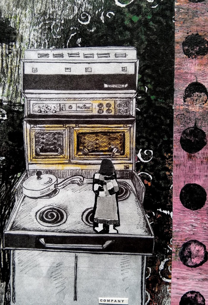 Mixed media painting of a vintage stove surrounded by layered collage, birds, handwritten marks, and abstract textures in muted blue, cream, rust, and black tones.